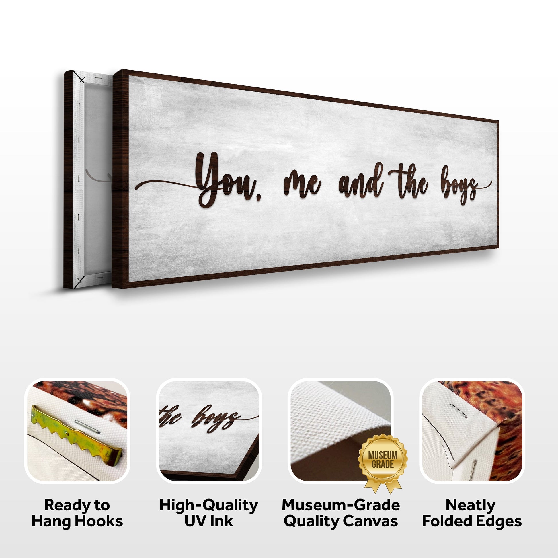 Canvas You, Me, and the Boys Sign V by Tailored Canvases, dark wood frame crafting canvas on Tampa Home & Garden Store