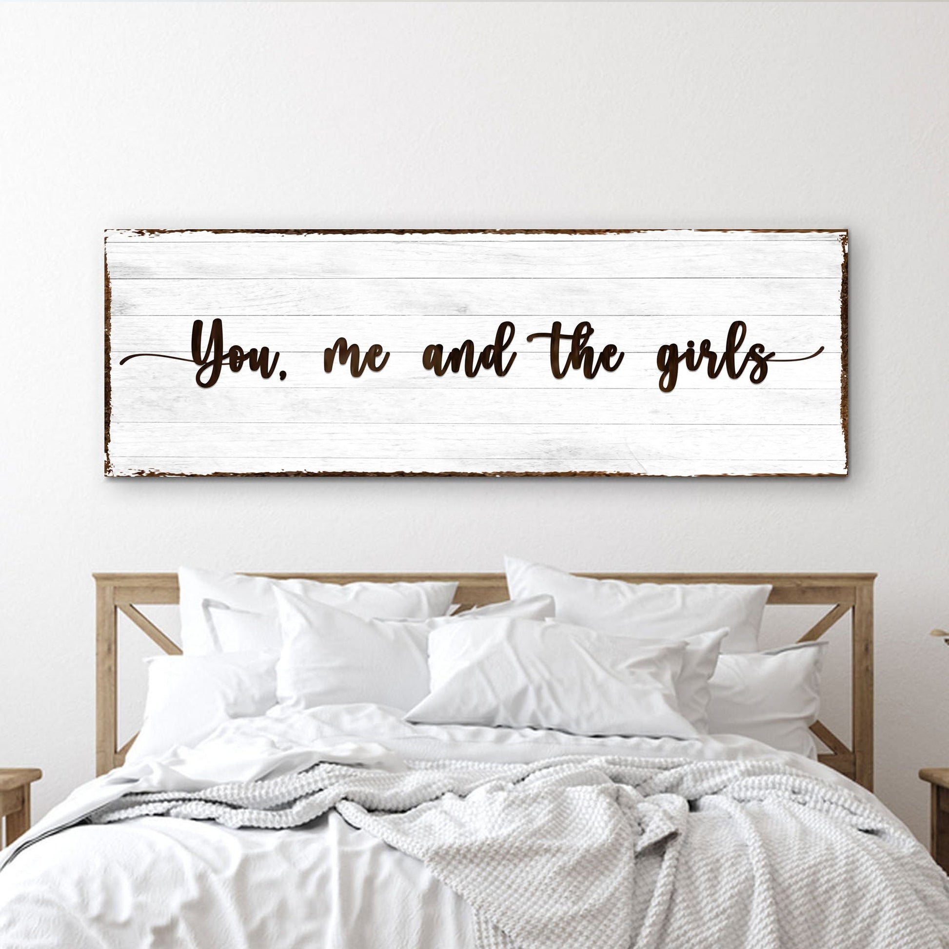 Canvas sign with white wood planks and script You, me, and the girls Tailored Canvases on Tampa Home & Garden Store