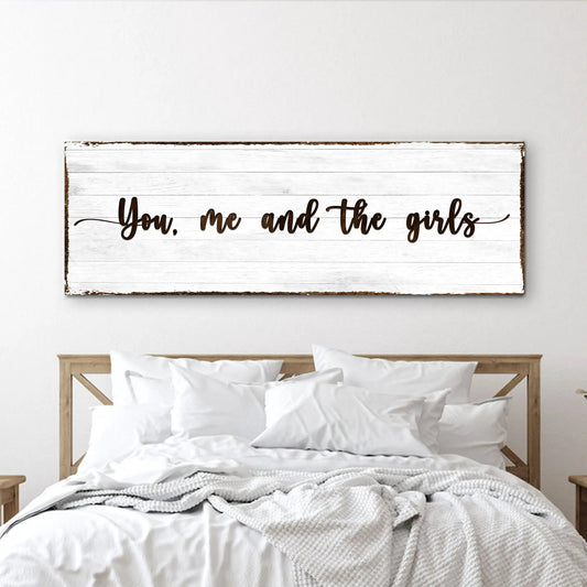 Canvas sign with white wood planks and script You, me, and the girls Tailored Canvases on Tampa Home & Garden Store