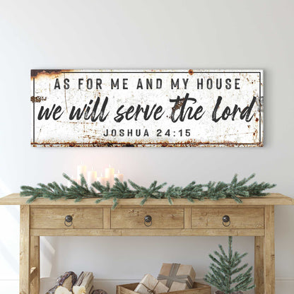 Canvas sign Tailored Canvases Joshua 24:15 rustic scripture on weathered white with rust accents on Tampa Home & Garden Store