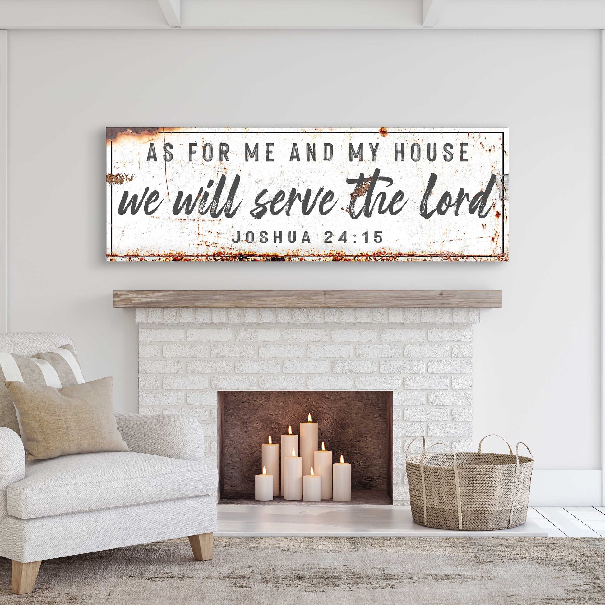 Canvas sign Joshua 24:15 We Will Serve The Lord in a rustic weathered white design on Tampa Home & Garden Store