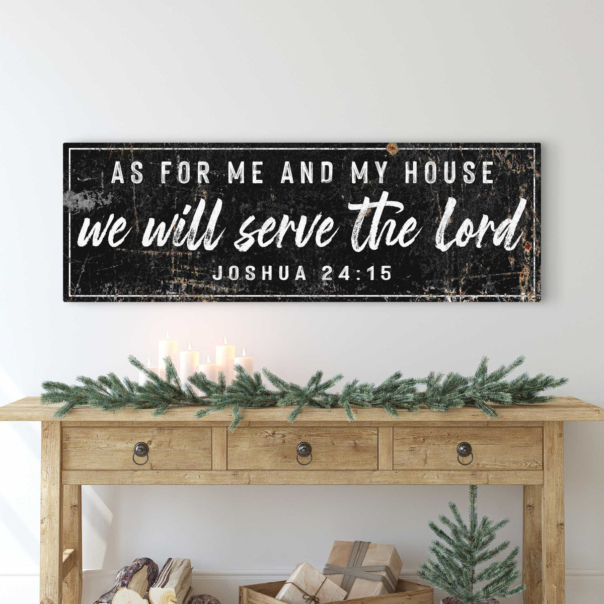 Rustic canvas sign with Joshua 24:15 We Will Serve The Lord in white lettering by Tailored Canvases on Tampa Home & Garden Store