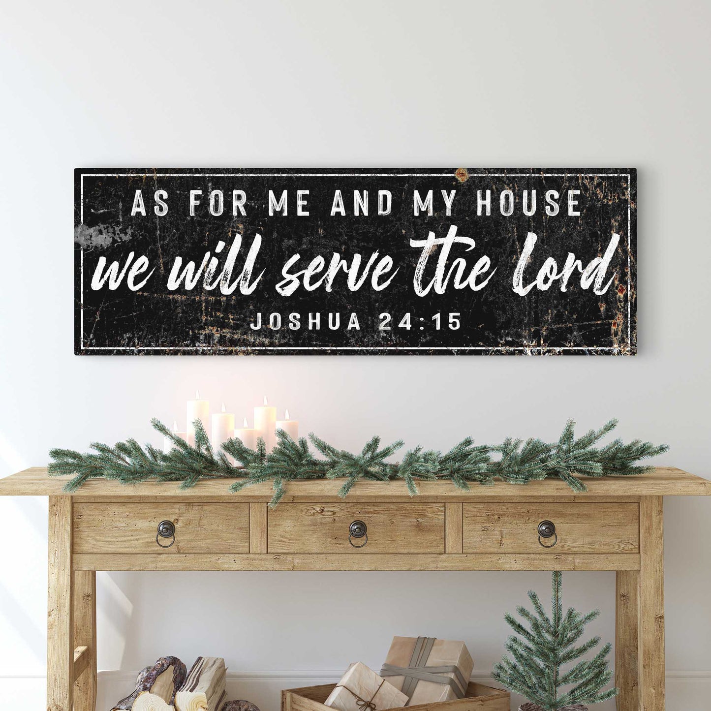 Canvas sign black distressed finish with white script we will serve the Lord Joshua 24:15 on Tampa Home & Garden Store