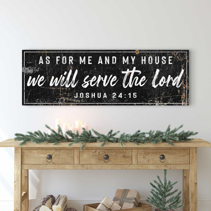 Canvas sign black distressed finish with white script we will serve the Lord Joshua 24:15 on Tampa Home & Garden Store