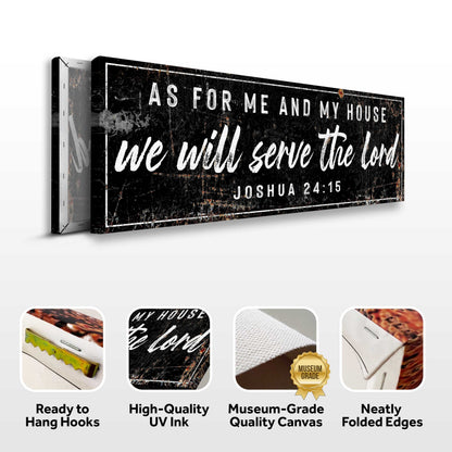 Canvas sign Tailored Canvases, black distressed finish with white Joshua 24:15 lettering on Tampa Home & Garden Store
