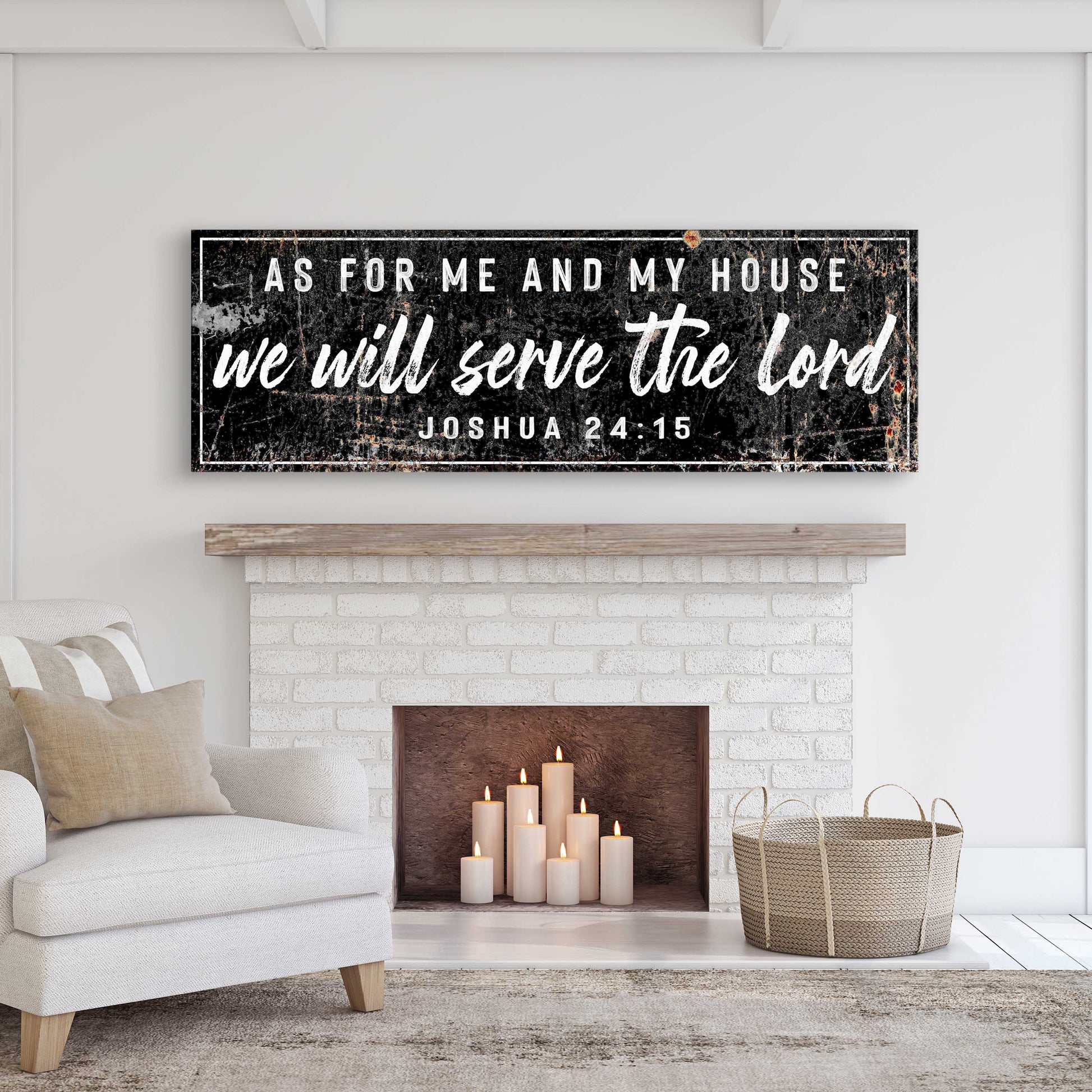 Canvas sign Joshua 24:15 We Will Serve The Lord Tailored Canvases with white text on black background on Tampa Home & Garden Store