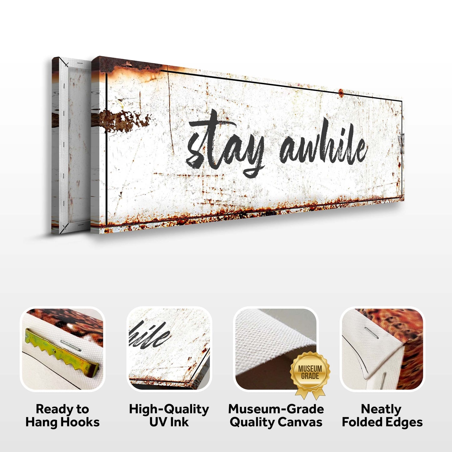 Stay Awhile Sign canvas crafting canvas by Tailored Canvases, distressed white with rust accents on Tampa Home & Garden Store