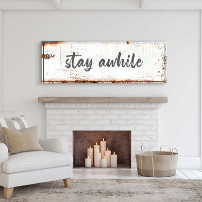 Stay Awhile Sign canvas with white background and rust marks, black script Tailored Canvases on Tampa Home & Garden Store