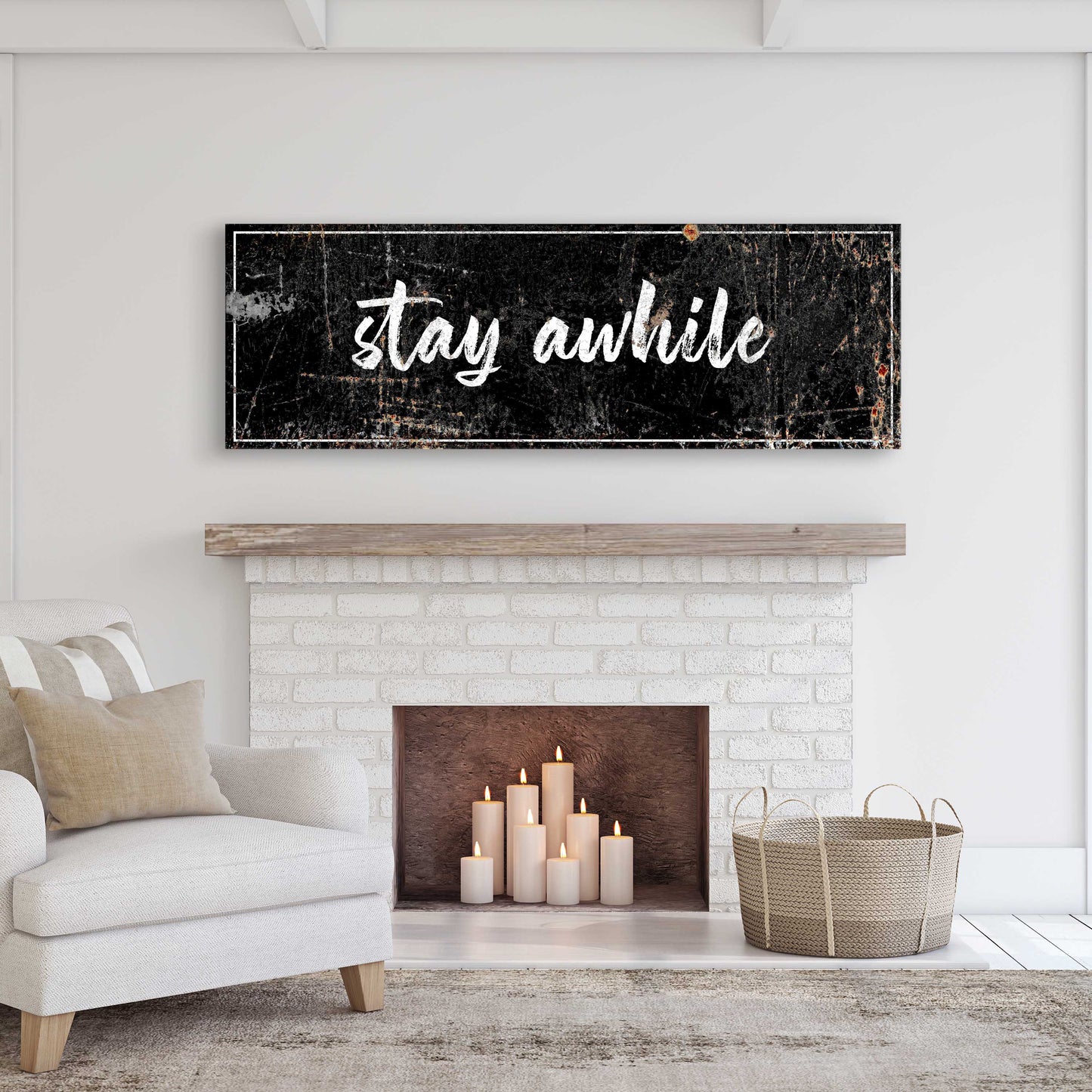 Stay Awhile Sign canvas with black distressed background and script text, framed in trim on Tampa Home & Garden Store