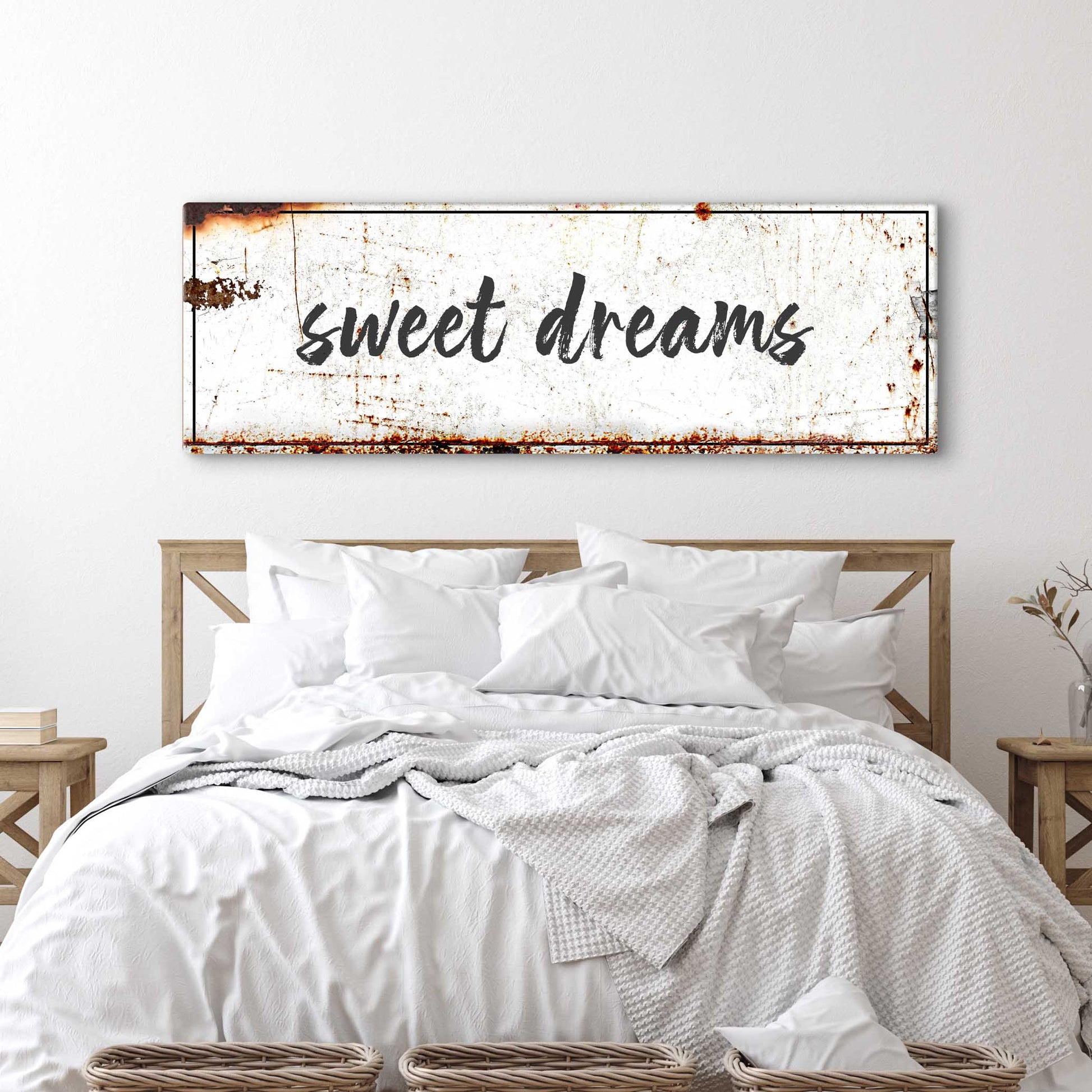 Sweet Dreams sign canvas with distressed white surface, black cursive text and rusted edges on Tampa Home & Garden Store