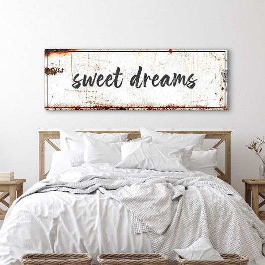 Sweet Dreams sign canvas with distressed white surface, black cursive text and rusted edges on Tampa Home & Garden Store