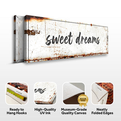 Sweet Dreams Sign canvas by Tailored Canvases; rust specks and black script on Tampa Home & Garden Store