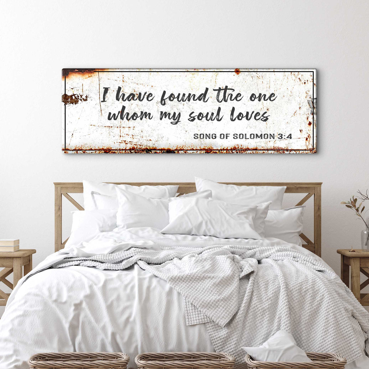 Canvas sign with rust accents reading I have found the one whom my soul loves Solomon 3:4 on Tampa Home & Garden Store