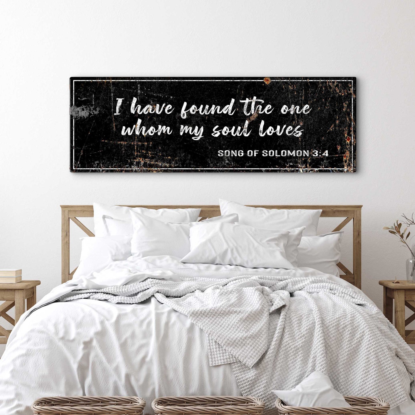 Canvas wall art Tailored Canvases black distressed sign with white script Song of Solomon 3:4 on Tampa Home & Garden Store