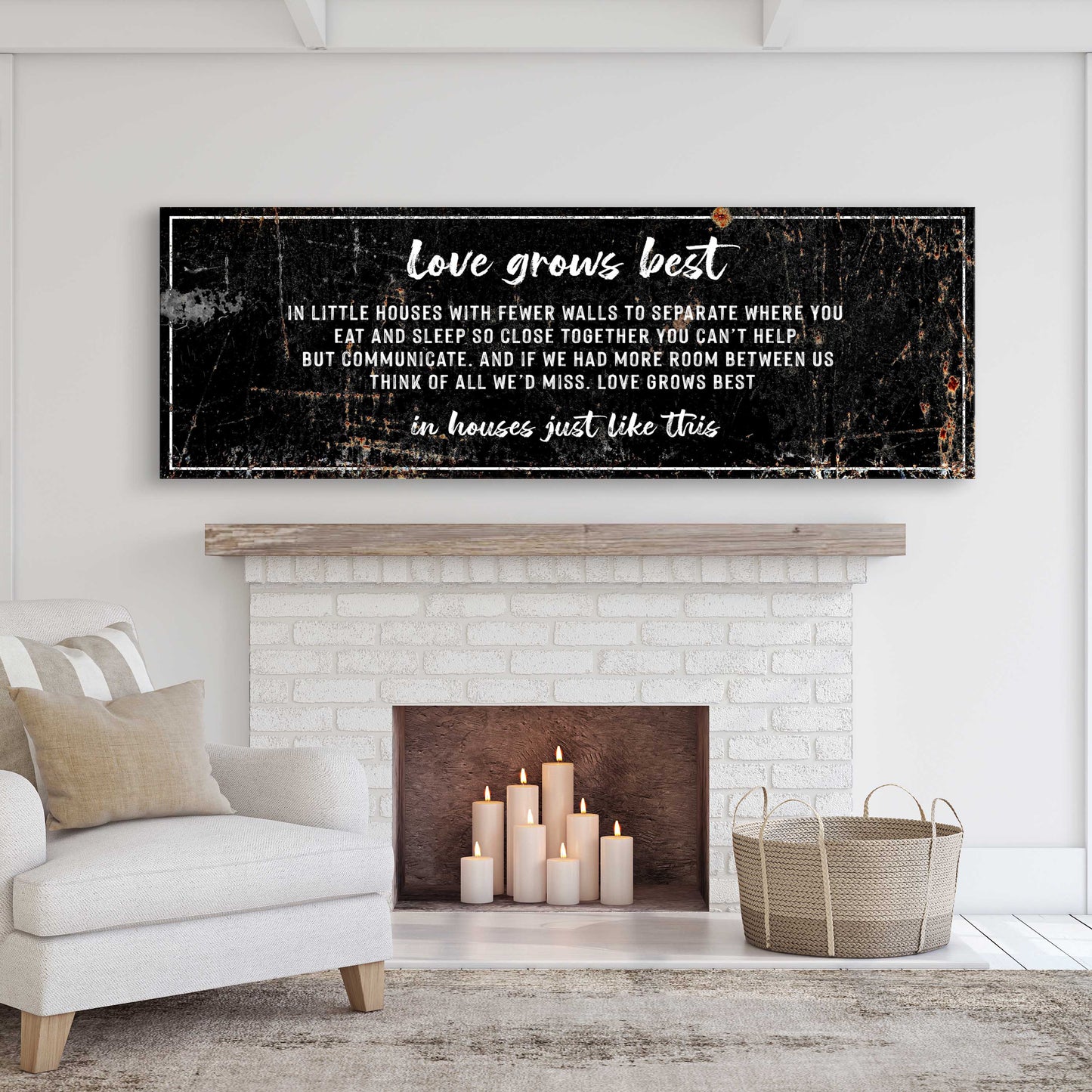 Love Grows Best In Little Houses Sign II canvas by Tailored Canvases; black with white text on Tampa Home & Garden Store