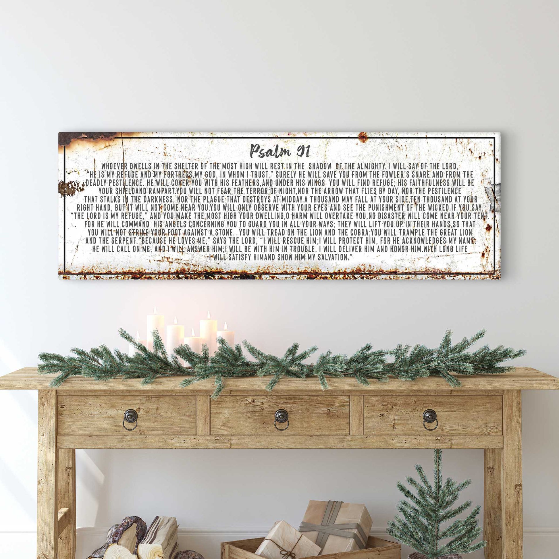 Canvas wall art Psalm 91: He Is My Refuge by Tailored Canvases, rustic distressed border on Tampa Home & Garden Store