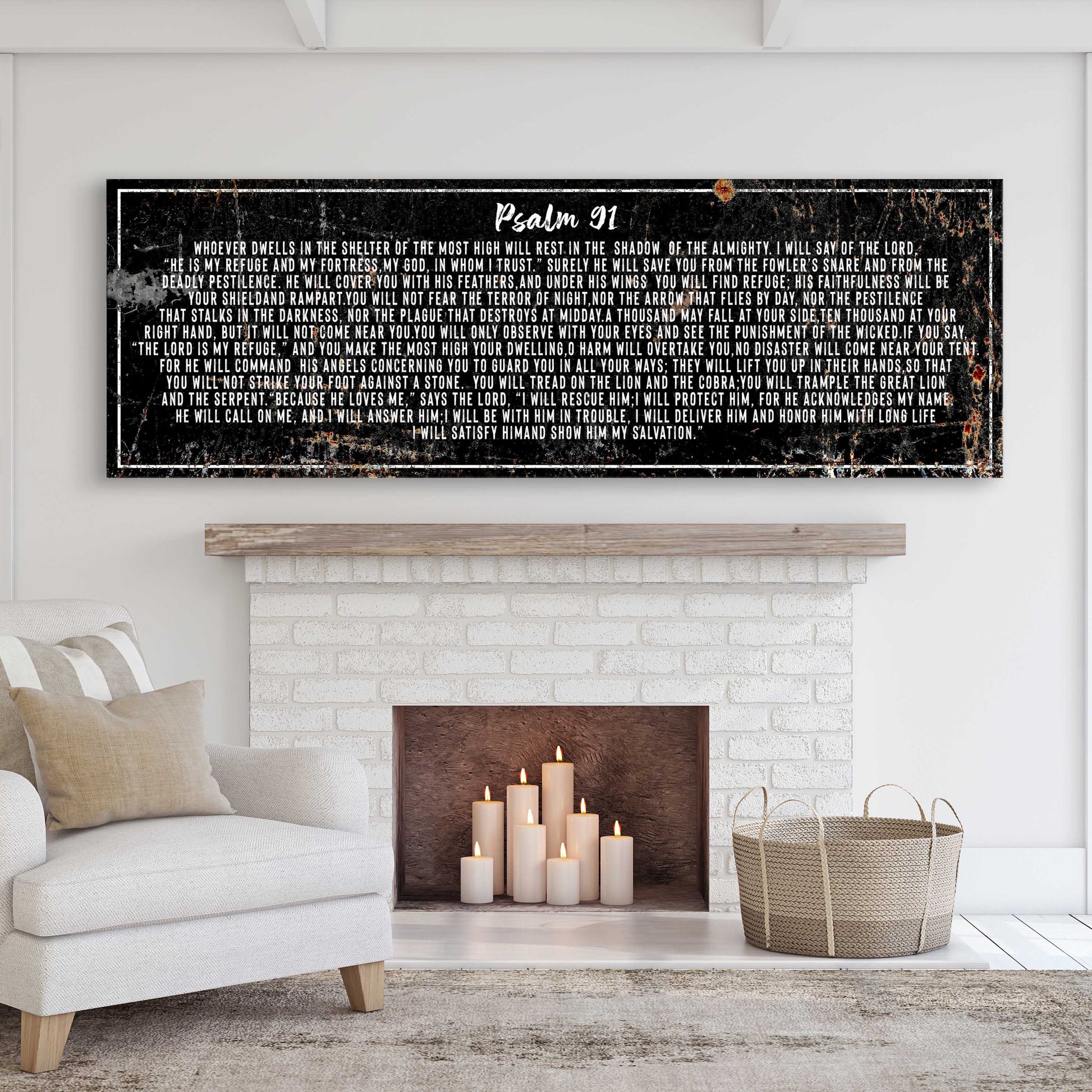 Tailored Canvases Psalm 91 rustic canvas wall art with black background and white text on Tampa Home & Garden Store