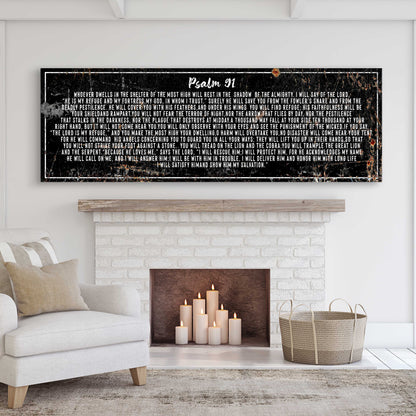 Tailored Canvases Psalm 91 rustic canvas wall art with black background and white text on Tampa Home & Garden Store