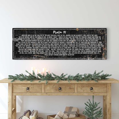 Psalm 91 He Is My Refuge sign II canvas with distressed black finish and white scripture text on Tampa Home & Garden Store