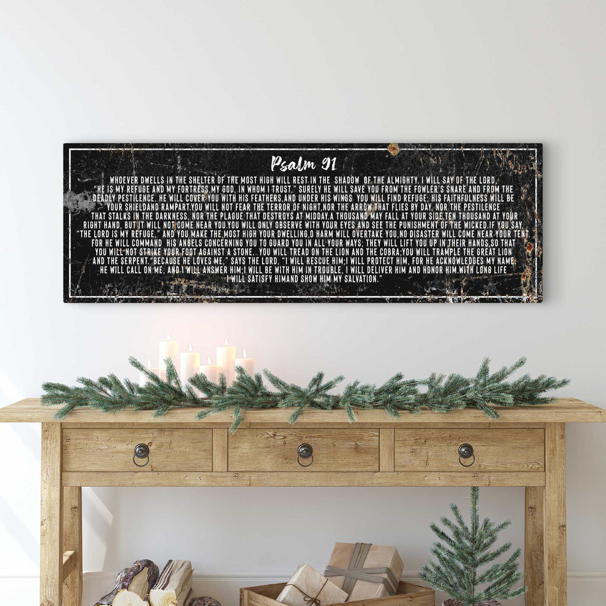 Psalm 91 canvas sign with distressed black background and white scripture text on Tampa Home & Garden Store