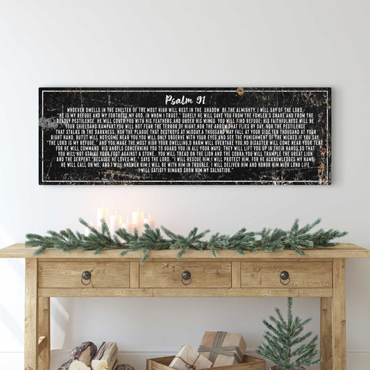 Psalm 91 canvas sign with distressed black background and white scripture text on Tampa Home & Garden Store