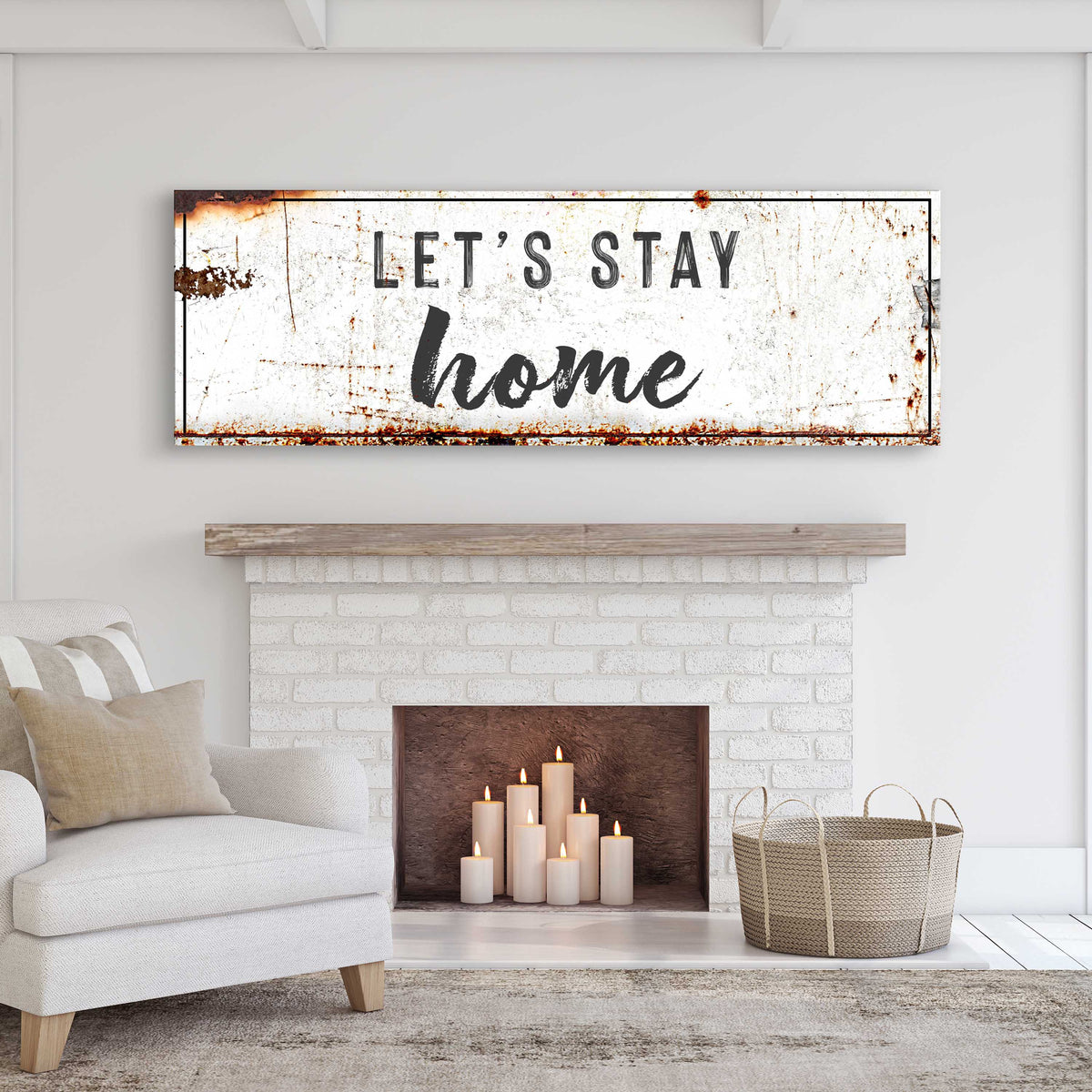 Let's Stay Home sign canvas with distressed white rustic look Tailored Canvases crafting canvas on Tampa Home & Garden Store