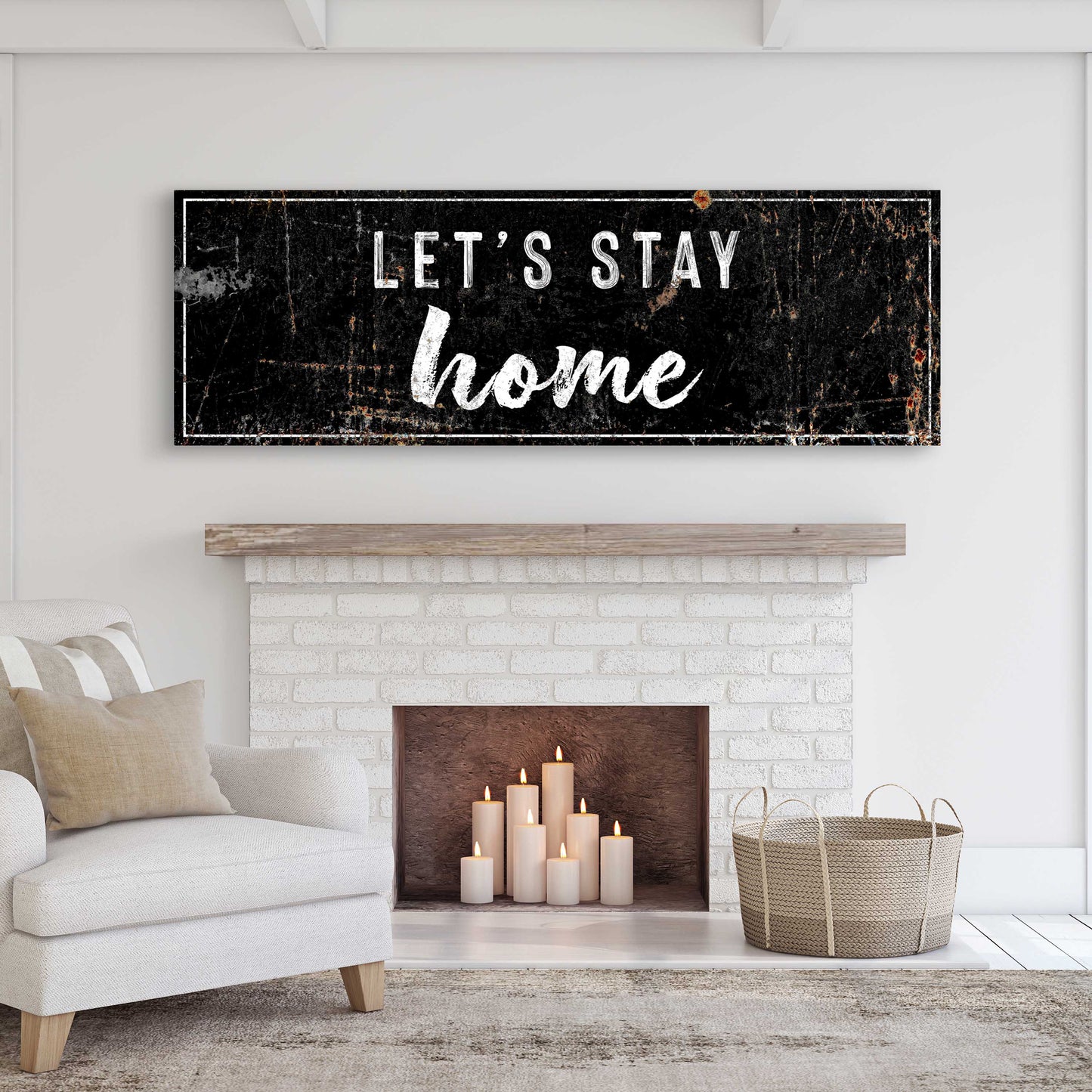 Let's Stay Home Sign canvas by Tailored Canvases, distressed black with white lettering on Tampa Home & Garden Store