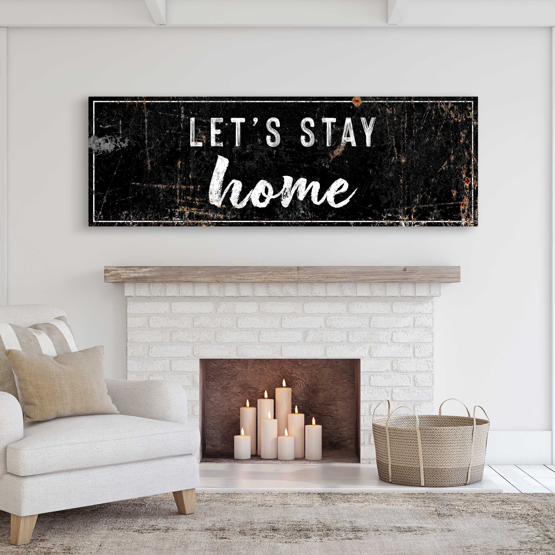 Let's Stay Home Sign canvas by Tailored Canvases, distressed black with white lettering on Tampa Home & Garden Store