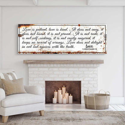 Canvas wall art with 1 Corinthians 13 Love is patient rustic script on weathered backdrop on Tampa Home & Garden Store