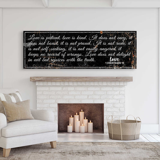Canvas wall art black with white script 1 Corinthians 13 Love is patient Tailored Canvases on Tampa Home & Garden Store