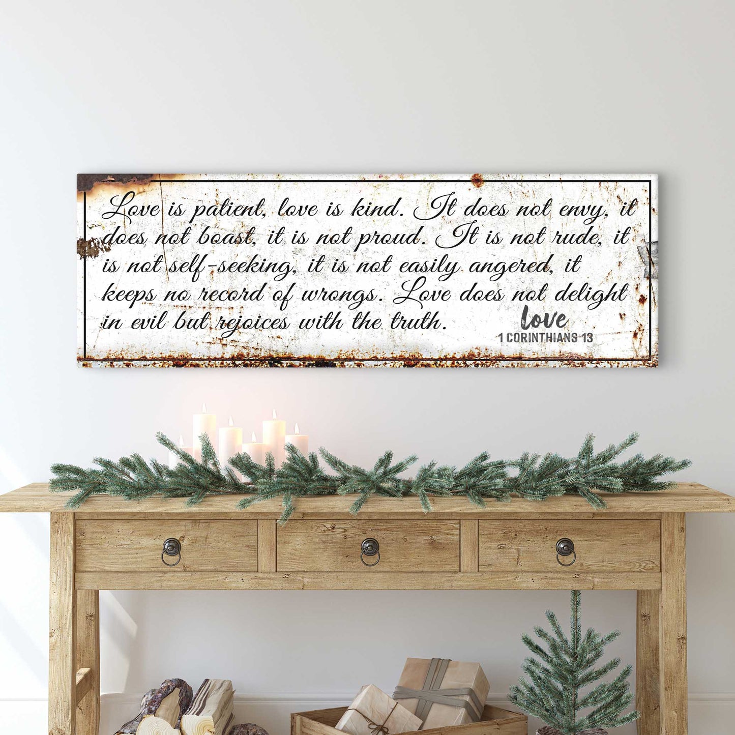 Canvas sign featuring 1 Corinthians 13 verse, rustic weathered finish, Tailored Canvases on Tampa Home & Garden Store