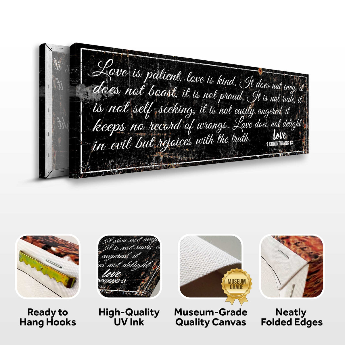 Canvas wall art Love Is Patient, 1 Corinthians 13, rustic black canvas by Tailored Canvases on Tampa Home & Garden Store