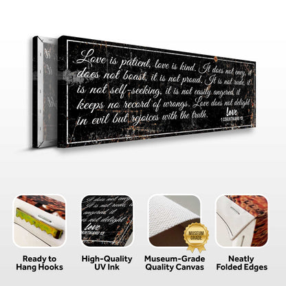 Canvas wall art Love Is Patient, 1 Corinthians 13, rustic black canvas by Tailored Canvases on Tampa Home & Garden Store