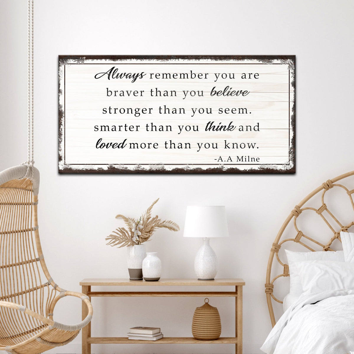 Canvas sign on whitewashed wood with black frame Tailored Canvases braver than you believe on Tampa Home & Garden Store