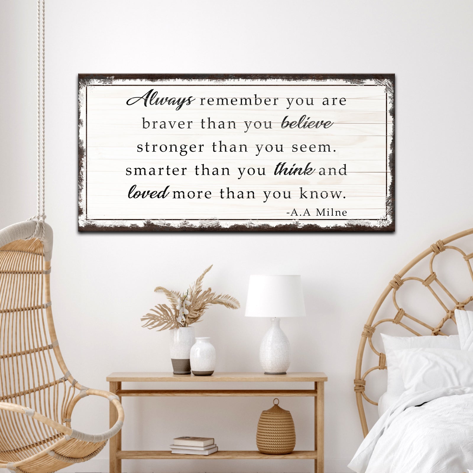 Canvas sign on whitewashed wood with black frame Tailored Canvases braver than you believe on Tampa Home & Garden Store