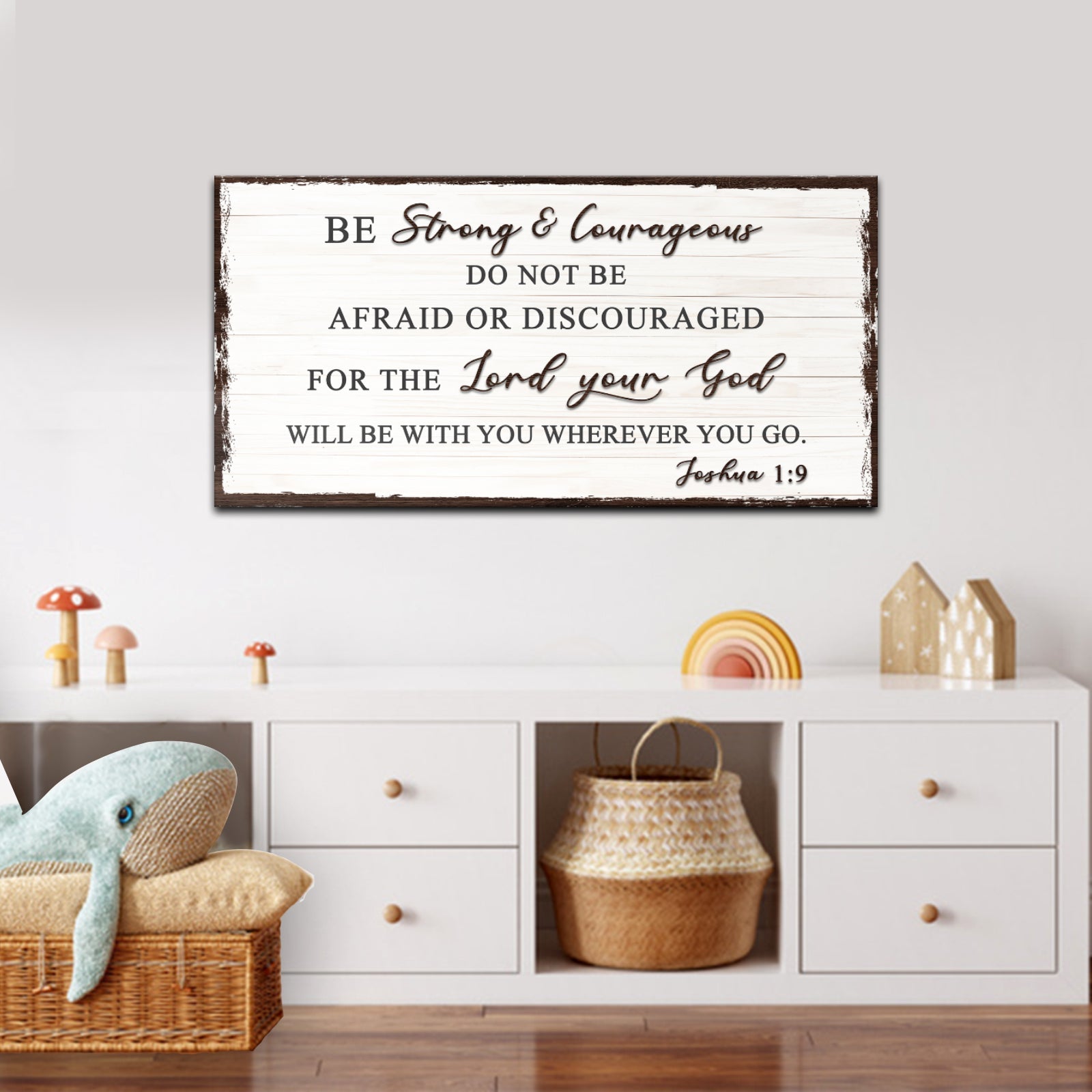 Canvas sign Joshua 1:9 on white wood with a distressed brown frame by Tailored Canvases on Tampa Home & Garden Store