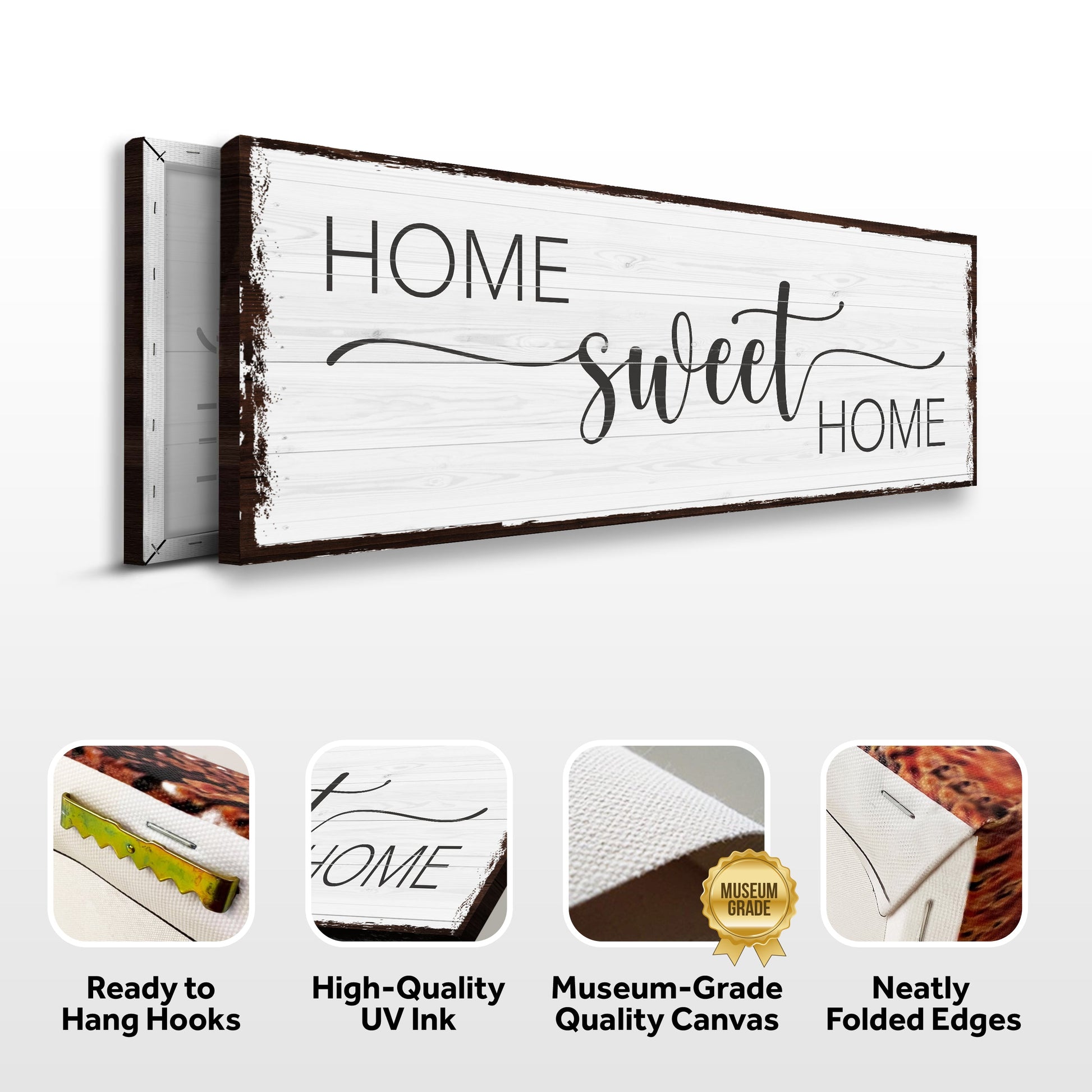 Home Sweet Home canvas sign by Tailored Canvases, distressed white wood panel with brown frame on Tampa Home & Garden Store