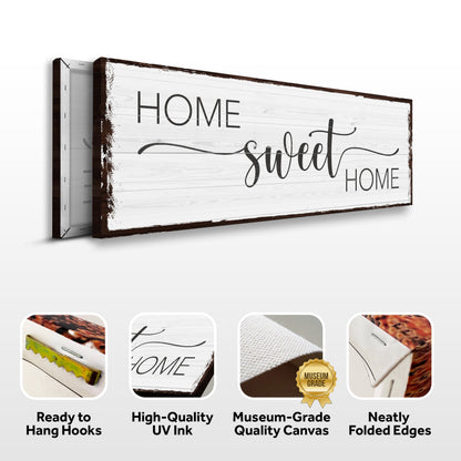 Home Sweet Home canvas sign by Tailored Canvases, distressed white wood panel with brown frame on Tampa Home & Garden Store
