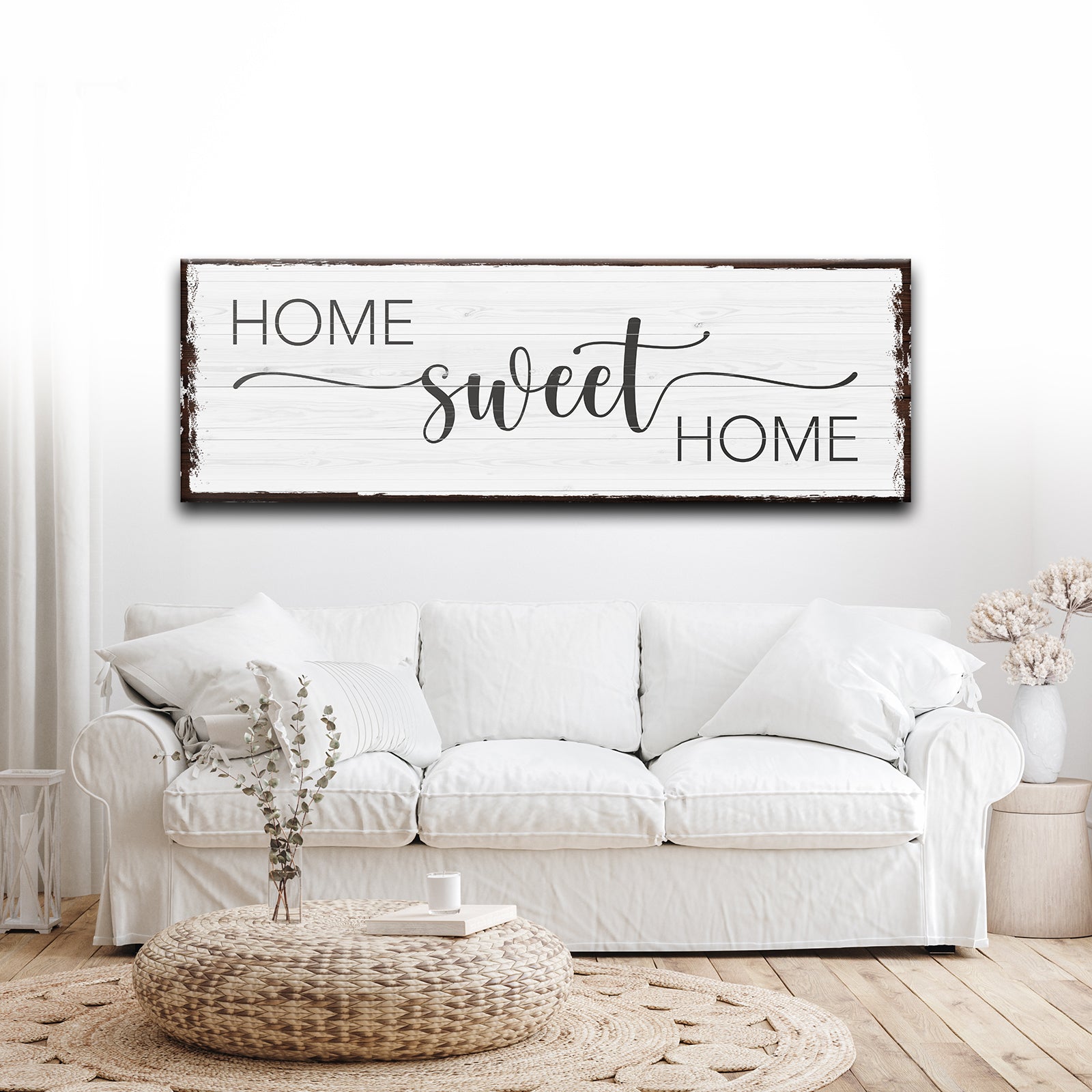 Home Sweet Home Sign III canvas by Tailored Canvases with distressed white wood and dark frame on Tampa Home & Garden Store