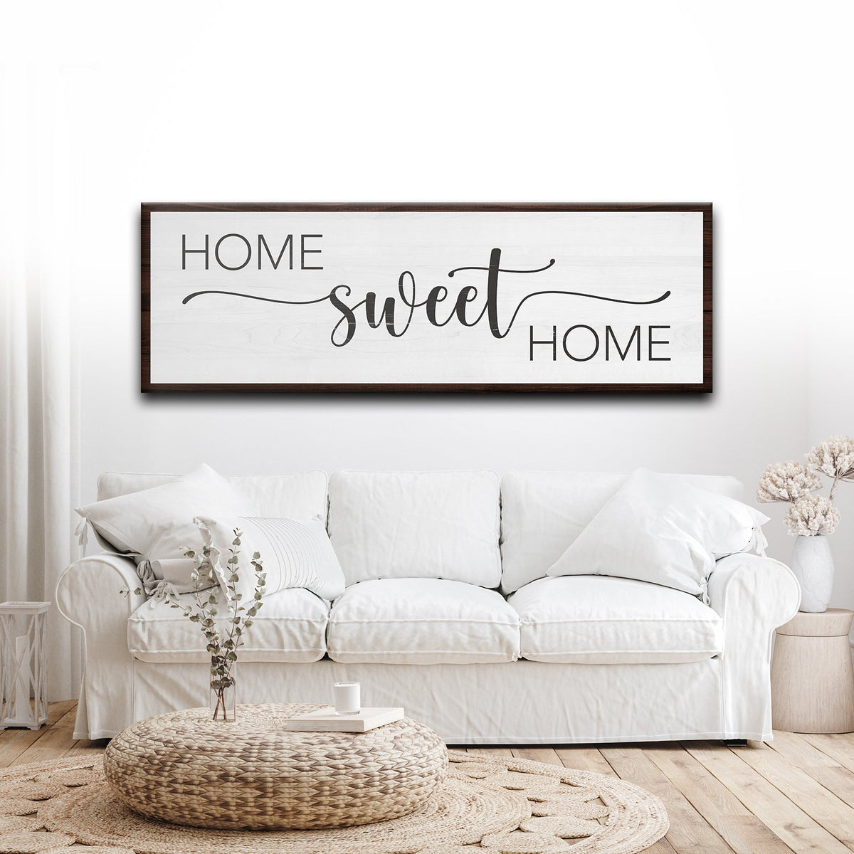 Home Sweet Home Sign III canvas wall art by Tailored Canvases, white distressed panel, dark frame on Tampa Home & Garden Store