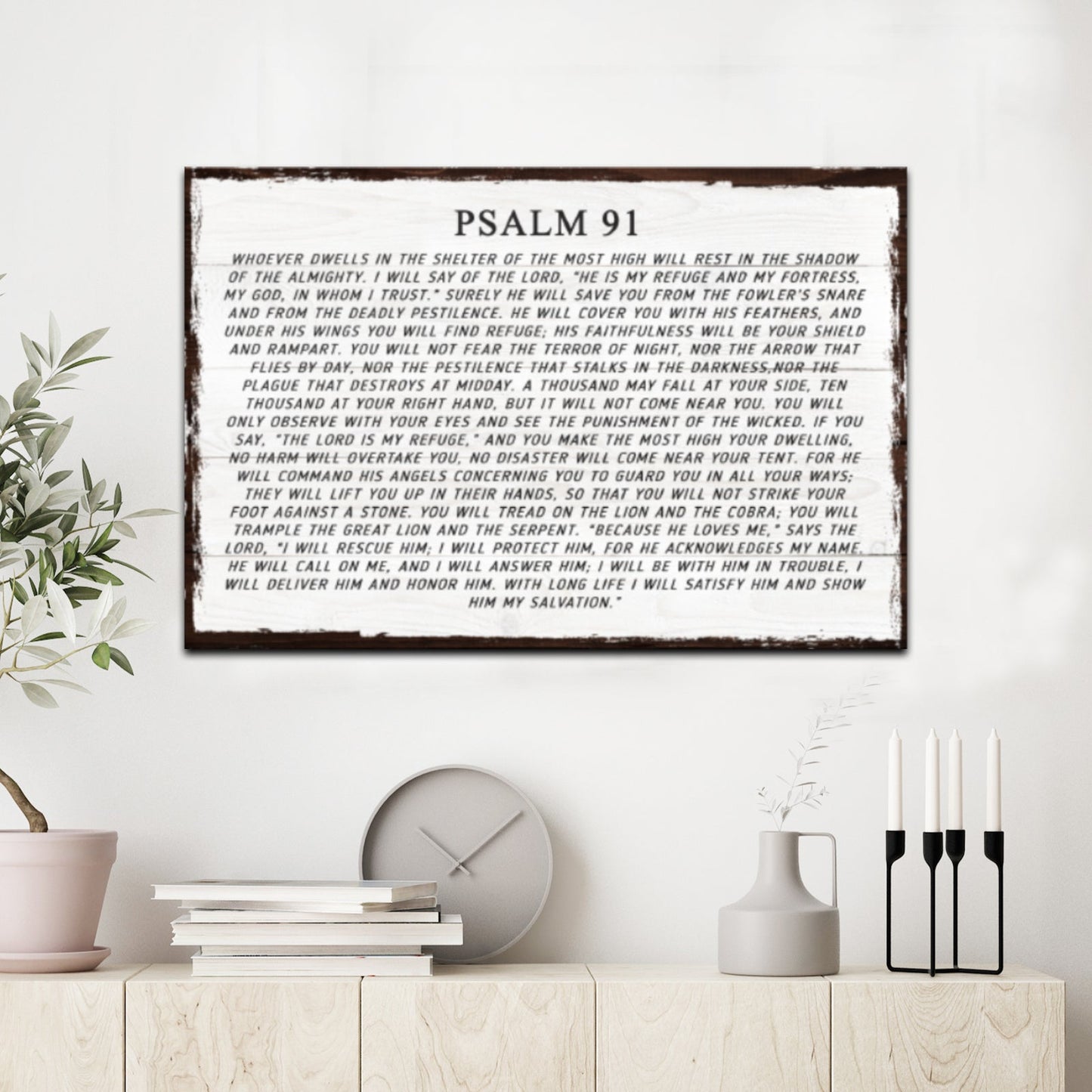Canvas wall art Psalm 91 by Tailored Canvases; white distressed canvas with dark wood frame on wall on Tampa Home & Garden Store