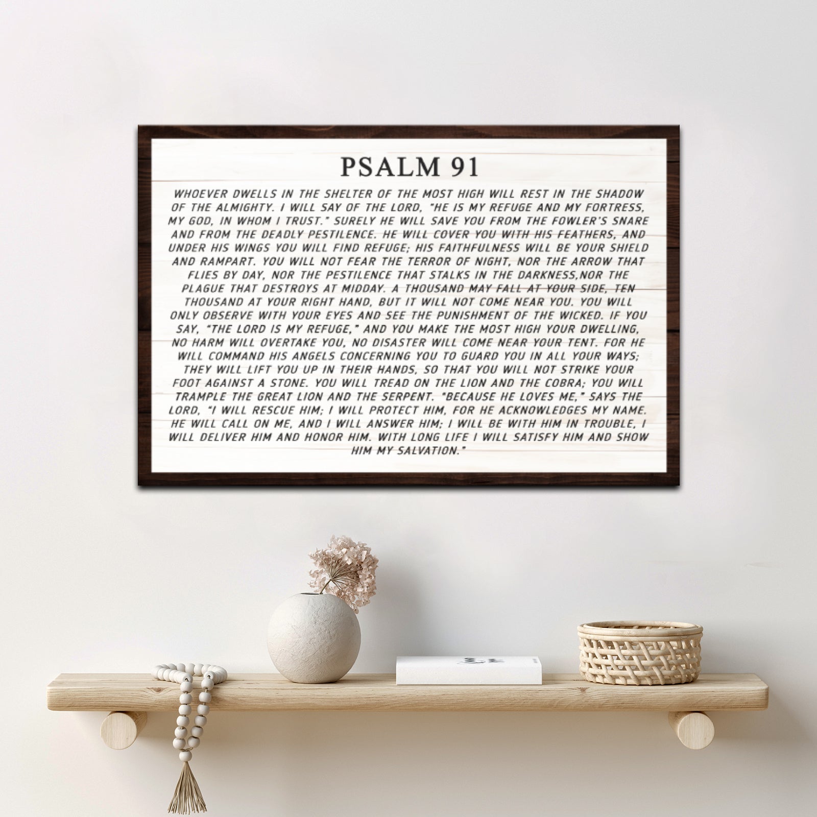 Psalm 91 sign canvas by Tailored Canvases, white panel with black text in a dark wood frame on Tampa Home & Garden Store