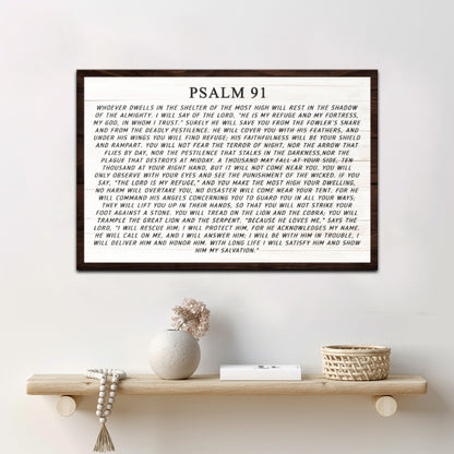 Psalm 91 sign canvas by Tailored Canvases, white panel with black text in a dark wood frame on Tampa Home & Garden Store