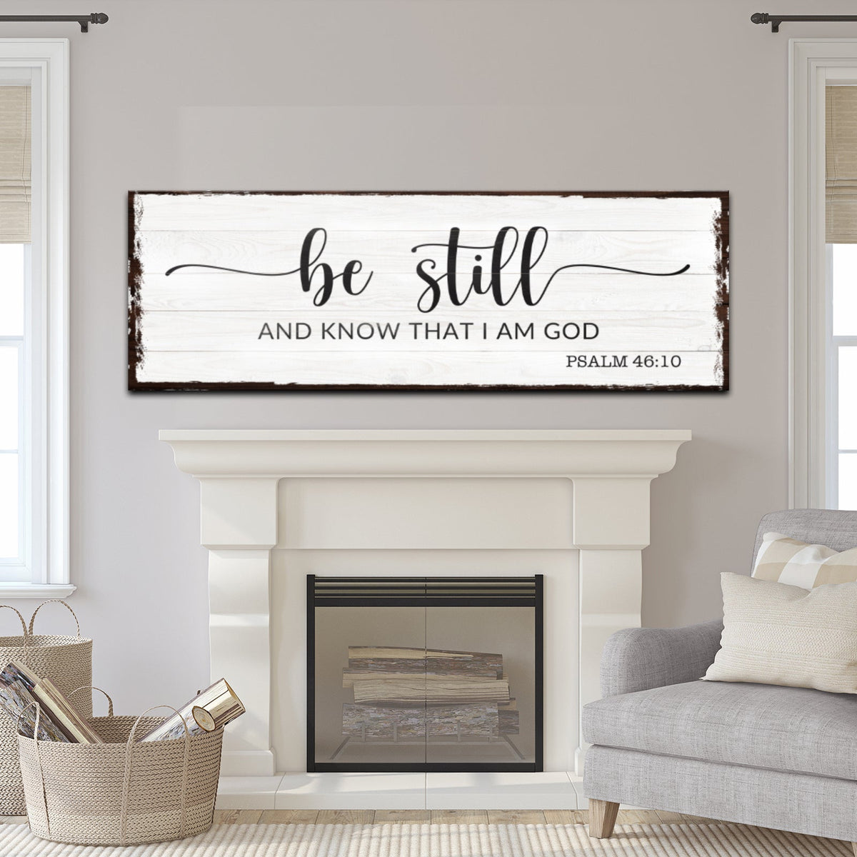Be Still Sign canvas by Tailored Canvases; whitewashed wood backdrop with Psalm 46:10 script on Tampa Home & Garden Store