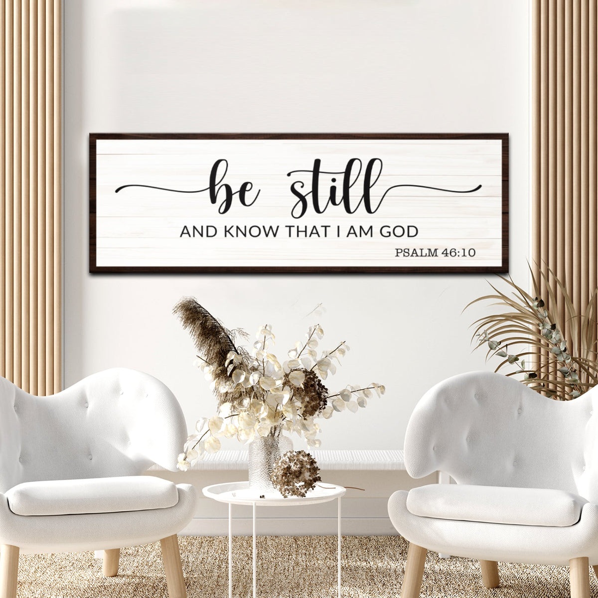 Be Still Sign canvas wall art, Psalm 46:10, white backdrop, dark frame by Tailored Canvases on Tampa Home & Garden Store