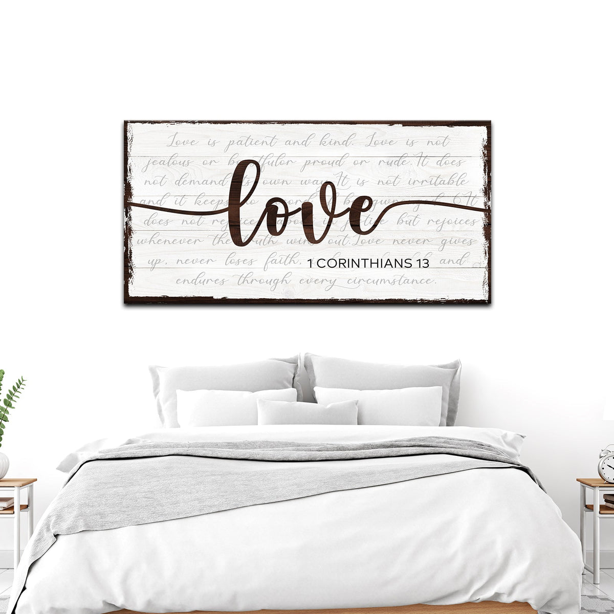 Love Sign canvas 1 Corinthians 13 by Tailored Canvases with whitewashed planks and brown frame on Tampa Home & Garden Store