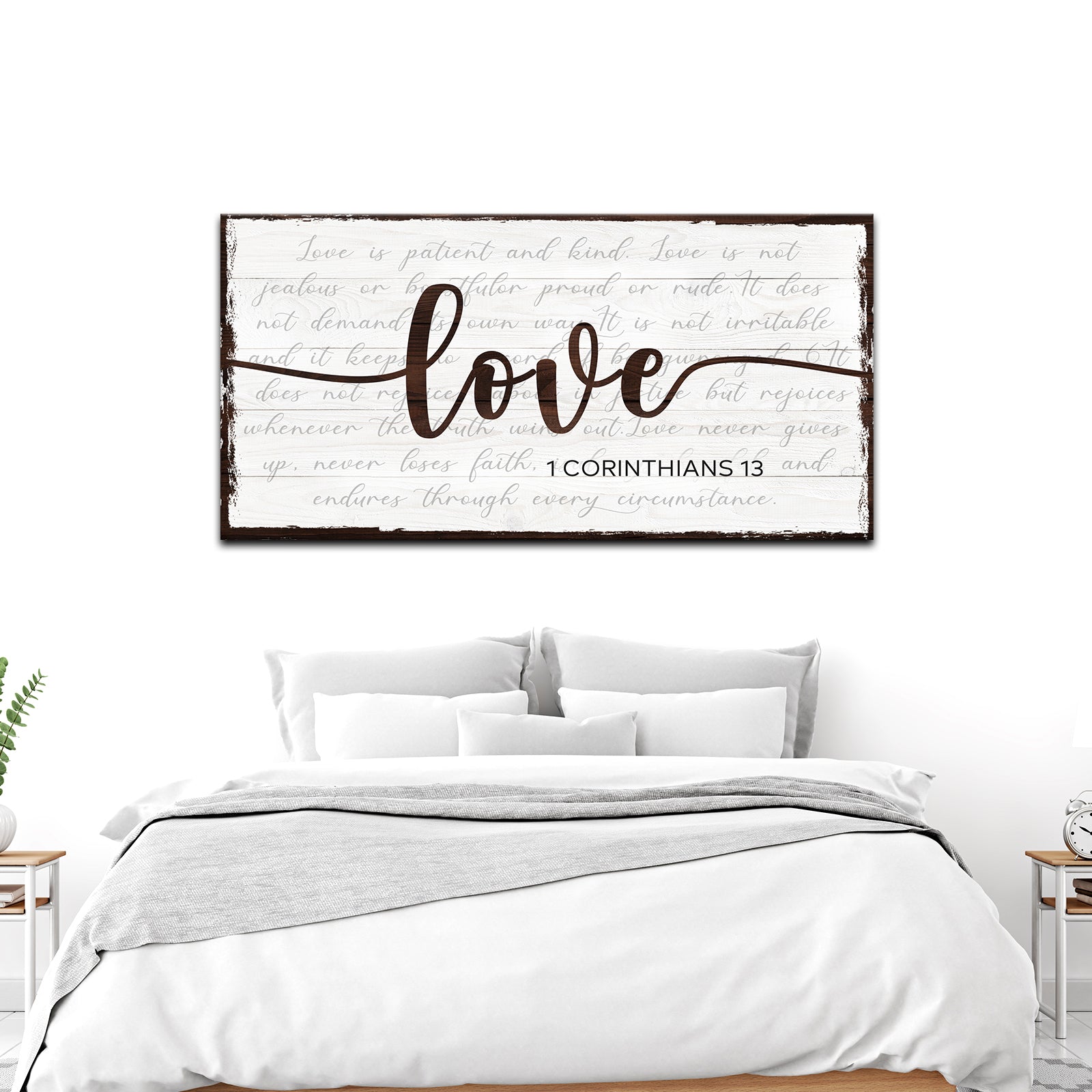 Love Sign canvas 1 Corinthians 13 by Tailored Canvases with whitewashed planks and brown frame on Tampa Home & Garden Store