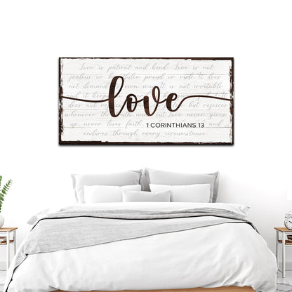 Love Sign canvas 1 Corinthians 13 by Tailored Canvases with whitewashed planks and brown frame on Tampa Home & Garden Store