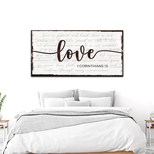 Love Sign canvas 1 Corinthians 13 by Tailored Canvases with whitewashed planks and brown frame on Tampa Home & Garden Store
