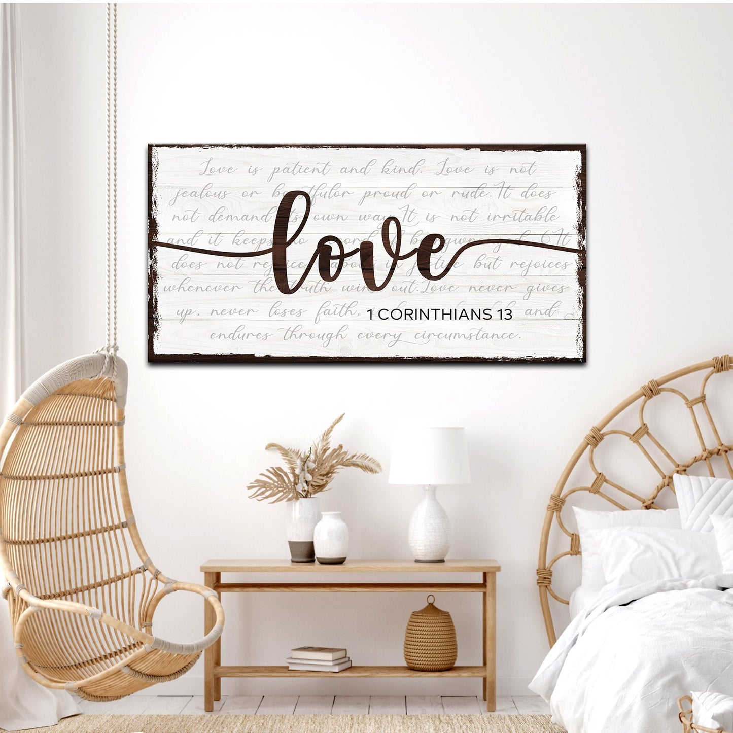 Canvas 1 Corinthians 13 Love Sign by Tailored Canvases with brown script on white wood planks on Tampa Home & Garden Store
